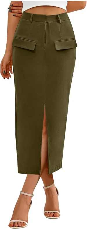 Women's High Waisted Front Split Maxi Skirt Elegant Business Work Skirts Evening Party A-Line Skirts with Pockets