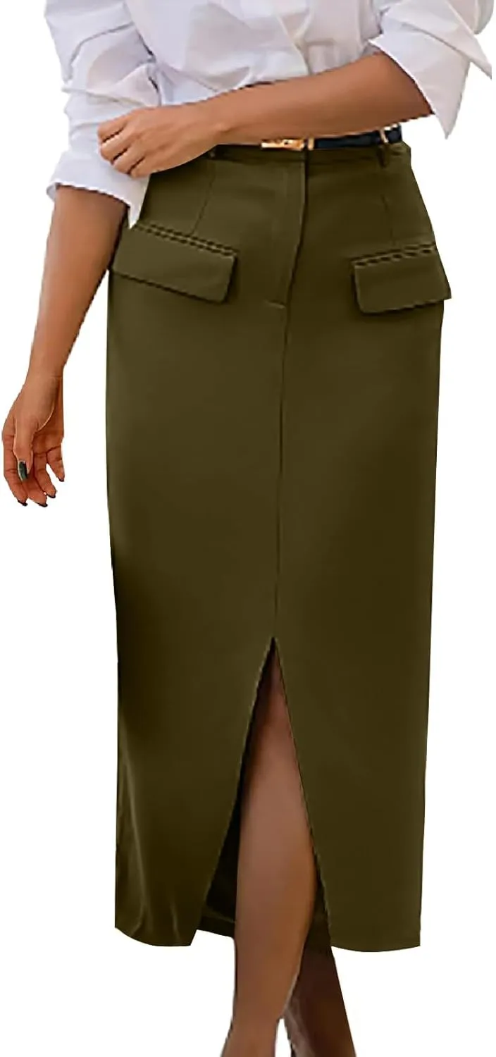 Women's High Waisted Front Split Maxi Skirt Elegant Business Work Skirts Evening Party A-Line Skirts with Pockets