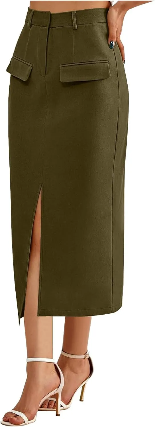 Women's High Waisted Front Split Maxi Skirt Elegant Business Work Skirts Evening Party A-Line Skirts with Pockets