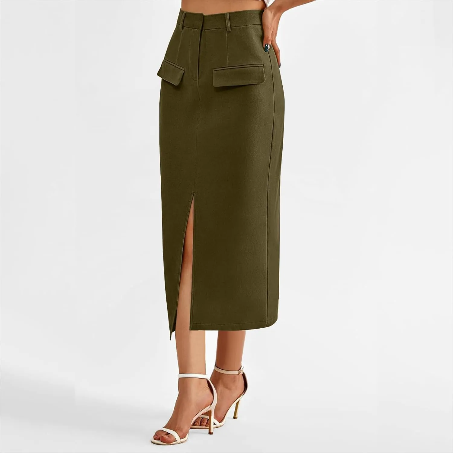 Women's High Waisted Front Split Maxi Skirt Elegant Business Work Skirts Evening Party A-Line Skirts with Pockets