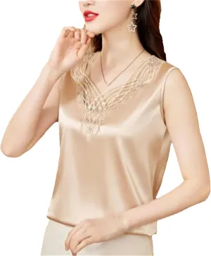 Women's Lightweight Satin Tank Top & Camisole Sexy Beaded Lace Trim V-Neck Vest Summer Breathable Sleeveless Work Blouse