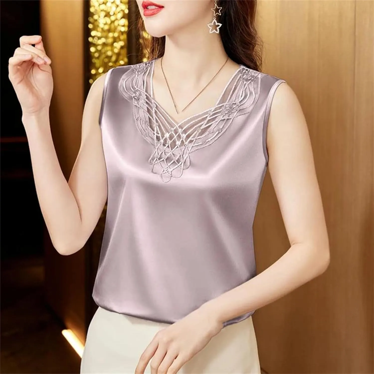 Women's Lightweight Satin Tank Top & Camisole Sexy Beaded Lace Trim V-Neck Vest Summer Breathable Sleeveless Work Blouse