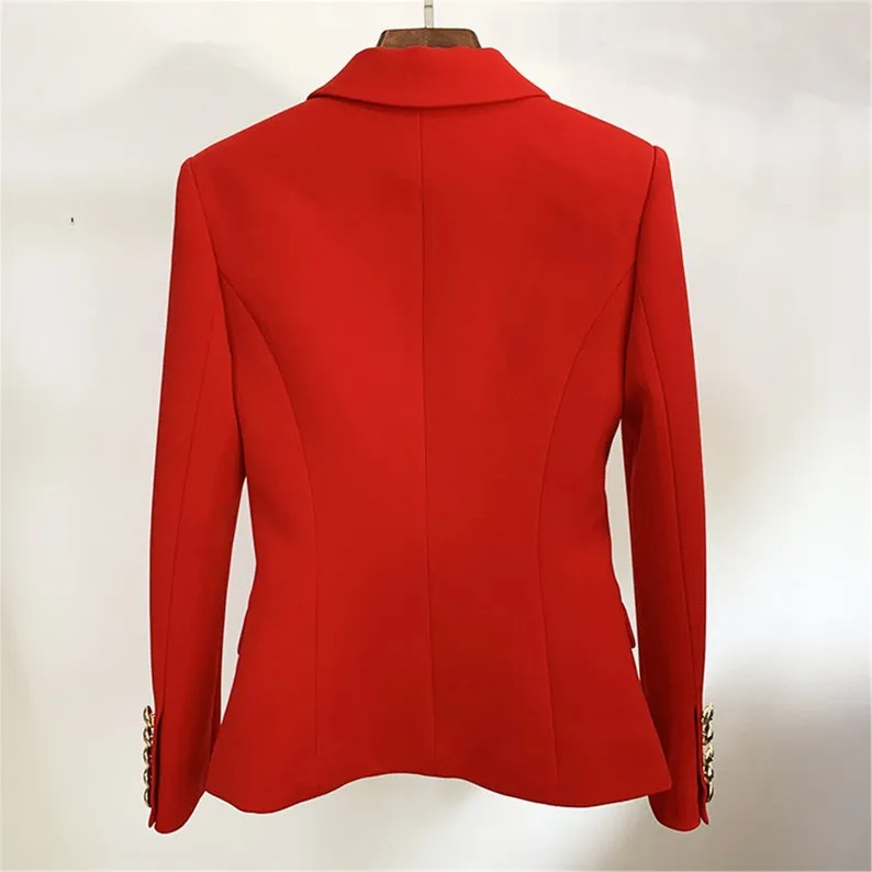 Women's Luxury Fitted Blazer Golden Lion Buttons Coat red
