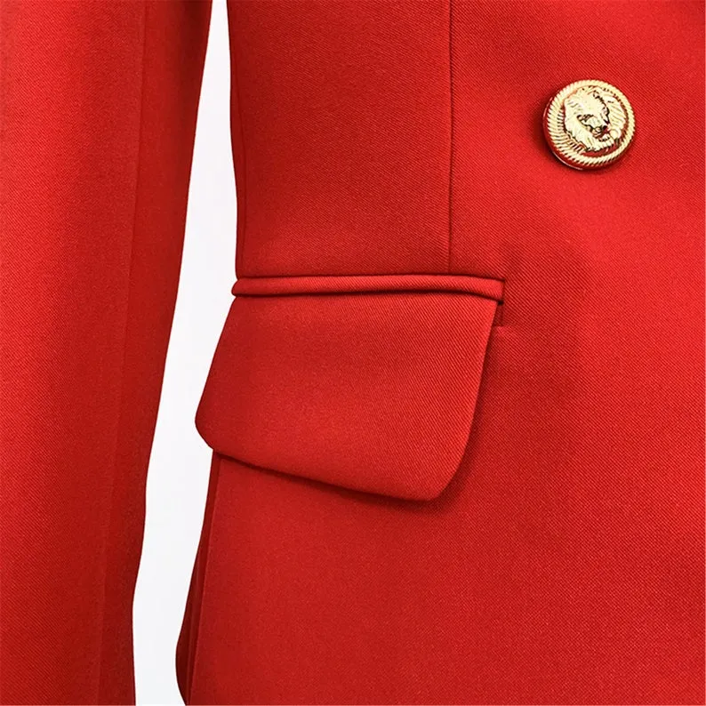 Women's Luxury Fitted Blazer Golden Lion Buttons Coat red