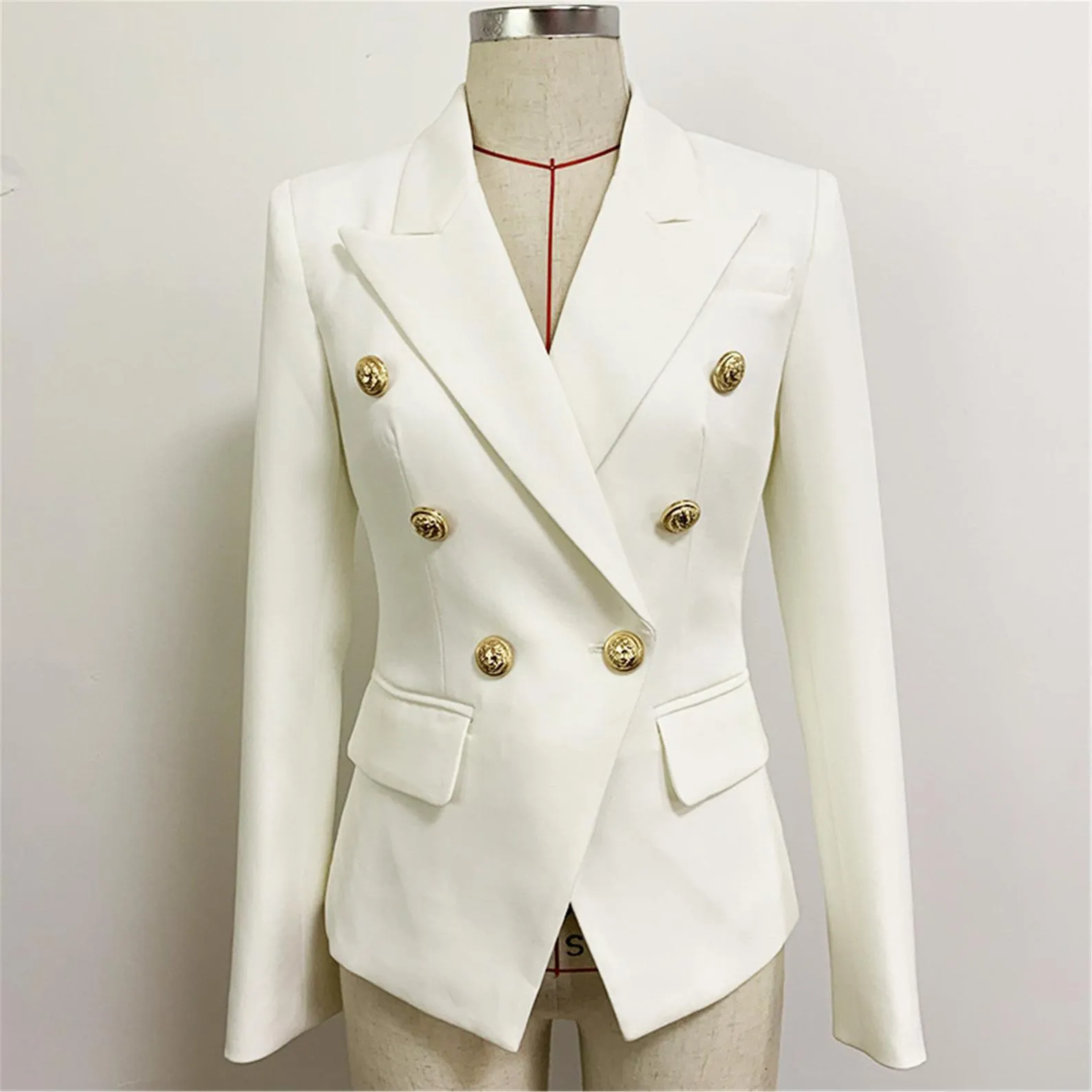 Women's Luxury Fitted Blazer Golden Lion Buttons Coat red