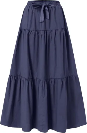 Womens Maxi Skirt Daily Casual Elegant Solid Color Flowy Swing Long A Skirt Vintage Elastic Waist Skirts