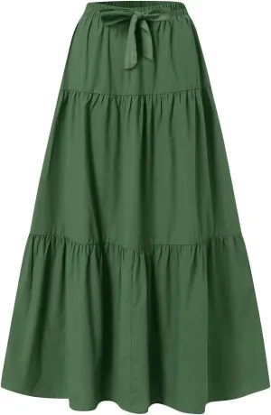 Womens Maxi Skirt Daily Casual Elegant Solid Color Flowy Swing Long A Skirt Vintage Elastic Waist Skirts
