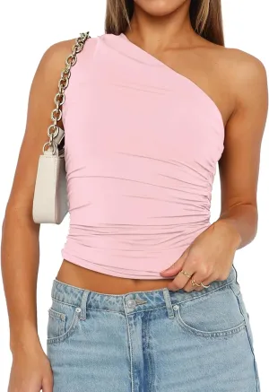 Womens One Shoulder Shirts Going Out Crop Tops Basic Sexy Slim Fit Y2K Tank Top Summer Fashion 2025