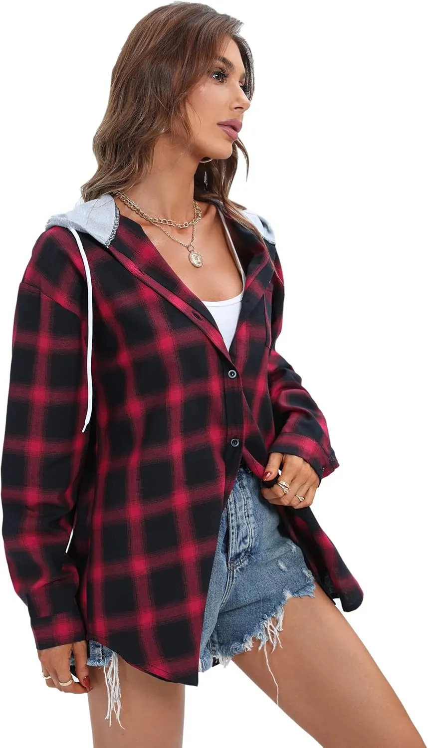 Women's Plaid Flannel Shirts Hoodie Long Sleeve Oversized Shirt Jacket Button Down Blouse Tops