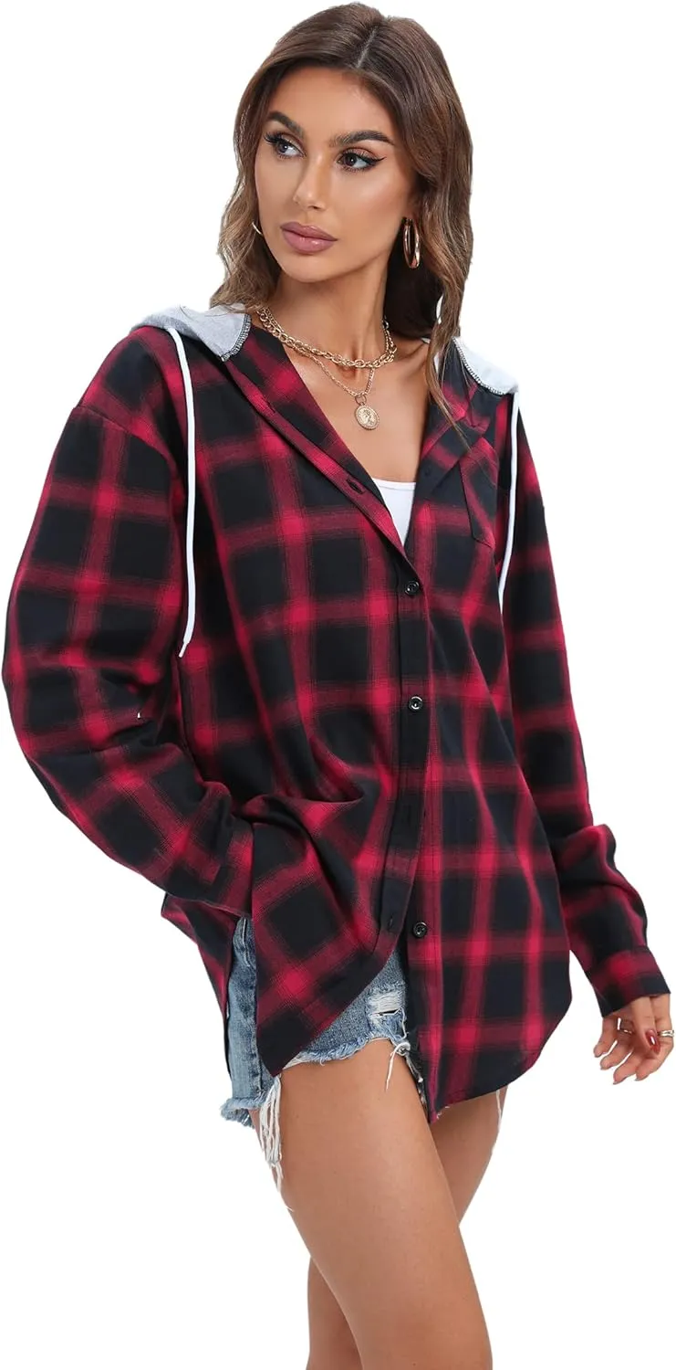 Women's Plaid Flannel Shirts Hoodie Long Sleeve Oversized Shirt Jacket Button Down Blouse Tops