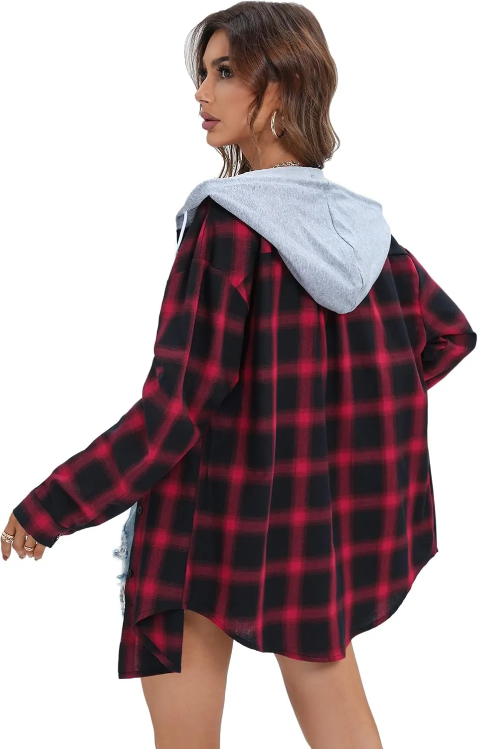 Women's Plaid Flannel Shirts Hoodie Long Sleeve Oversized Shirt Jacket Button Down Blouse Tops