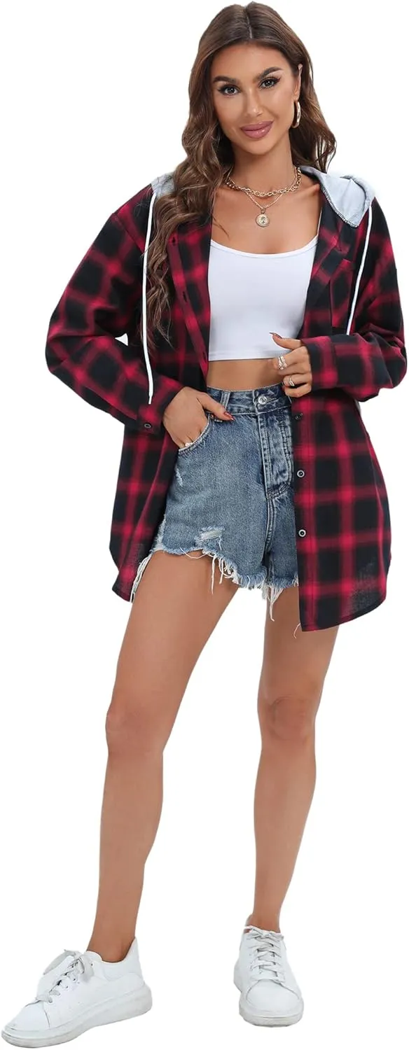 Women's Plaid Flannel Shirts Hoodie Long Sleeve Oversized Shirt Jacket Button Down Blouse Tops