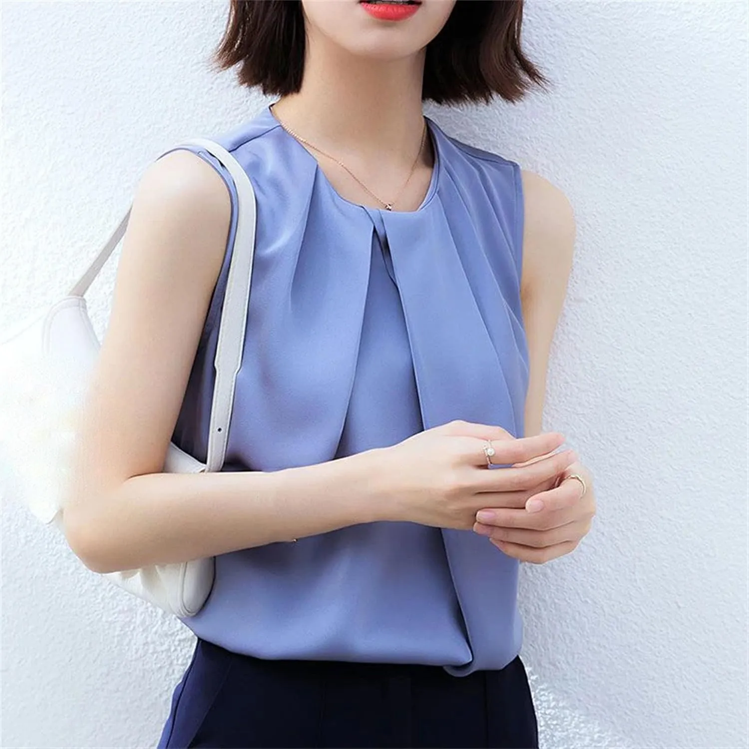 Women's Pleated Satin Tank Top & Camisole - Summer Round Neck Blouse Vest Lightweight Loose Fit Casual & Work Office Shirt