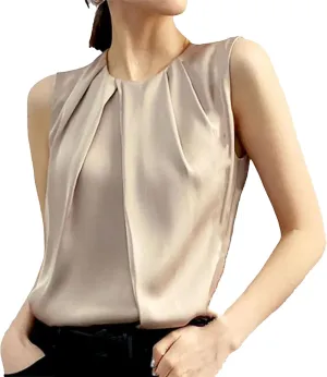 Women's Pleated Satin Tank Top & Camisole - Summer Round Neck Blouse Vest Lightweight Loose Fit Casual & Work Office Shirt