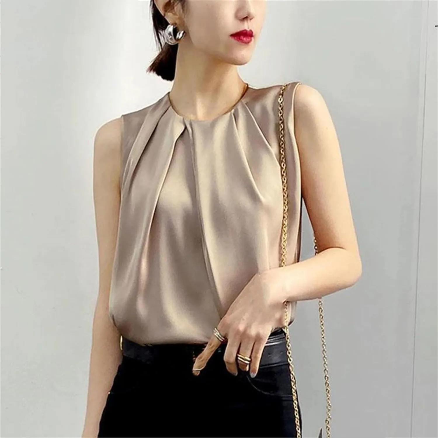 Women's Pleated Satin Tank Top & Camisole - Summer Round Neck Blouse Vest Lightweight Loose Fit Casual & Work Office Shirt
