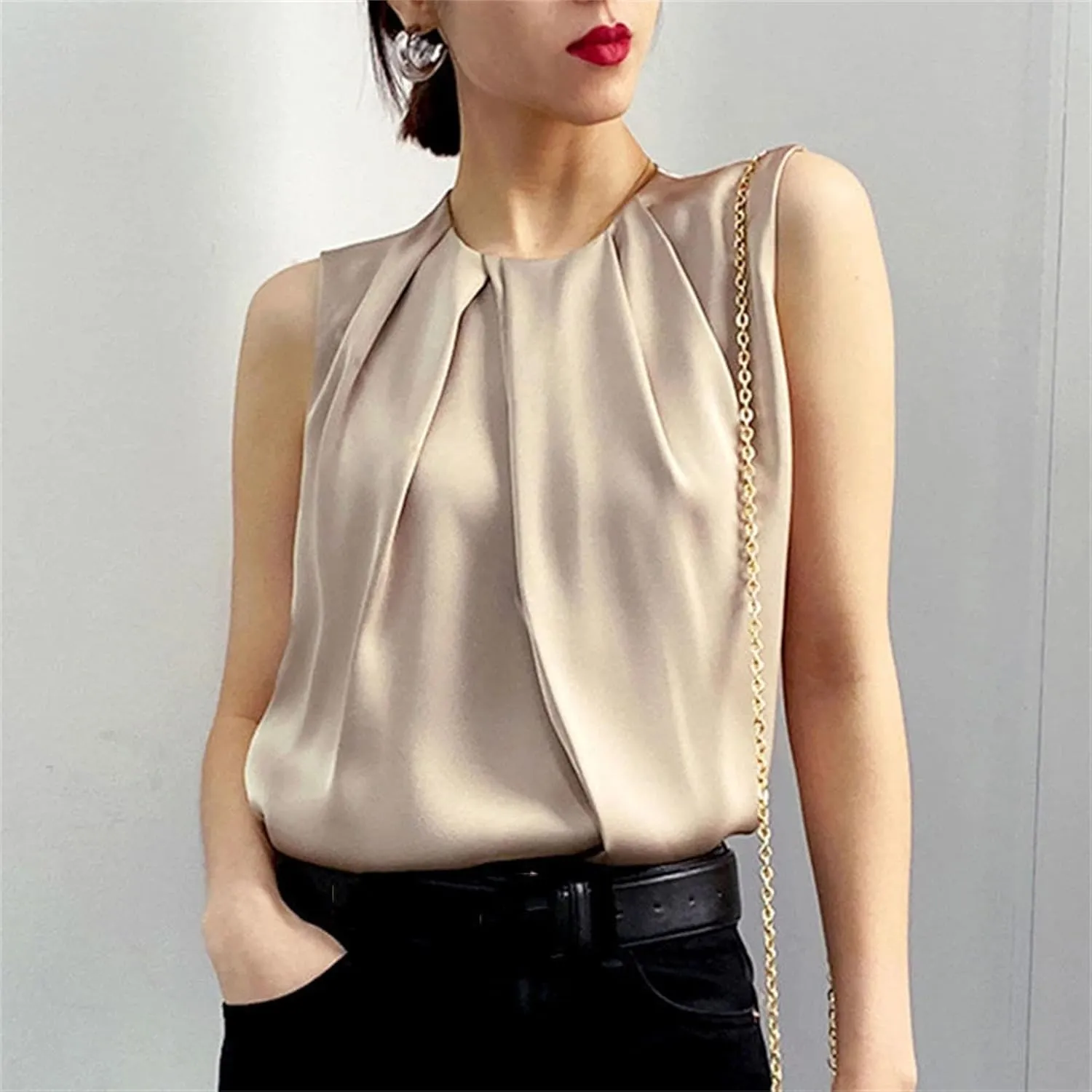 Women's Pleated Satin Tank Top & Camisole - Summer Round Neck Blouse Vest Lightweight Loose Fit Casual & Work Office Shirt