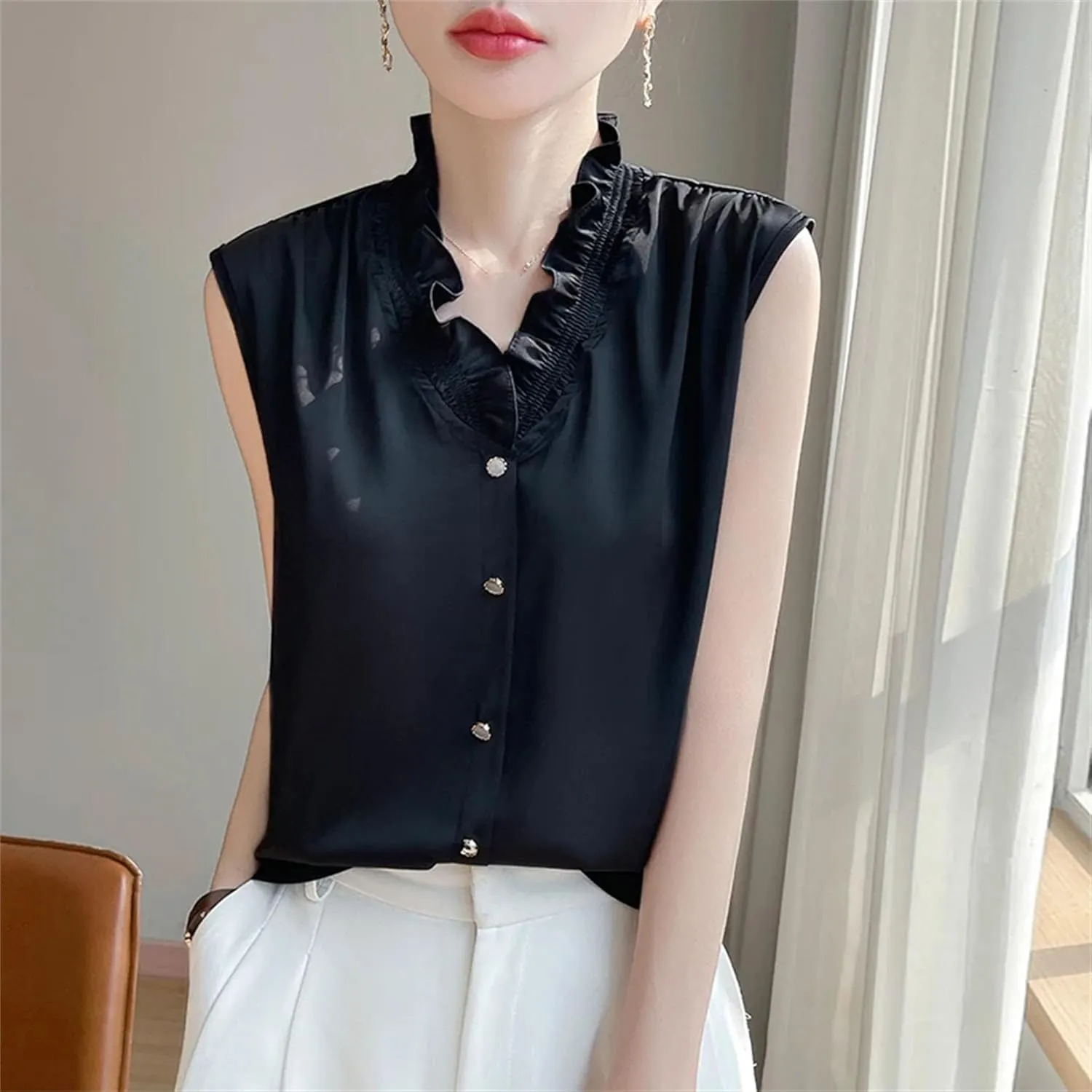 Women's Ruffle Trim Satin Tank Top & Camisole Summer V-Neck Sleeveless Vest Breathable Loose Fit Casual Work Office Blouse