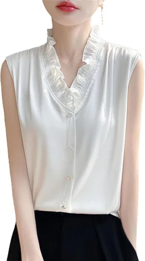 Women's Ruffle Trim Satin Tank Top & Camisole Summer V-Neck Sleeveless Vest Breathable Loose Fit Casual Work Office Blouse
