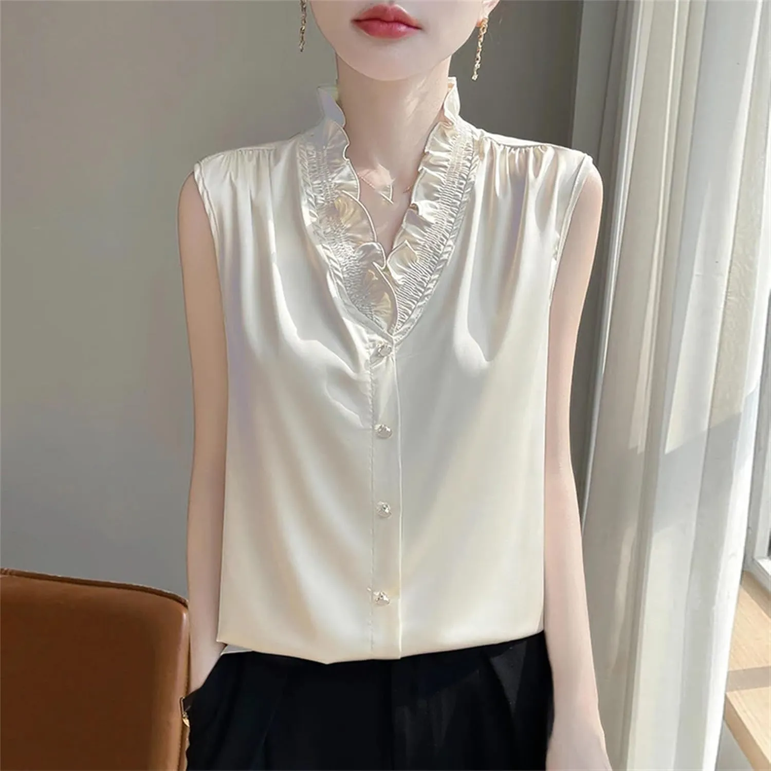 Women's Ruffle Trim Satin Tank Top & Camisole Summer V-Neck Sleeveless Vest Breathable Loose Fit Casual Work Office Blouse