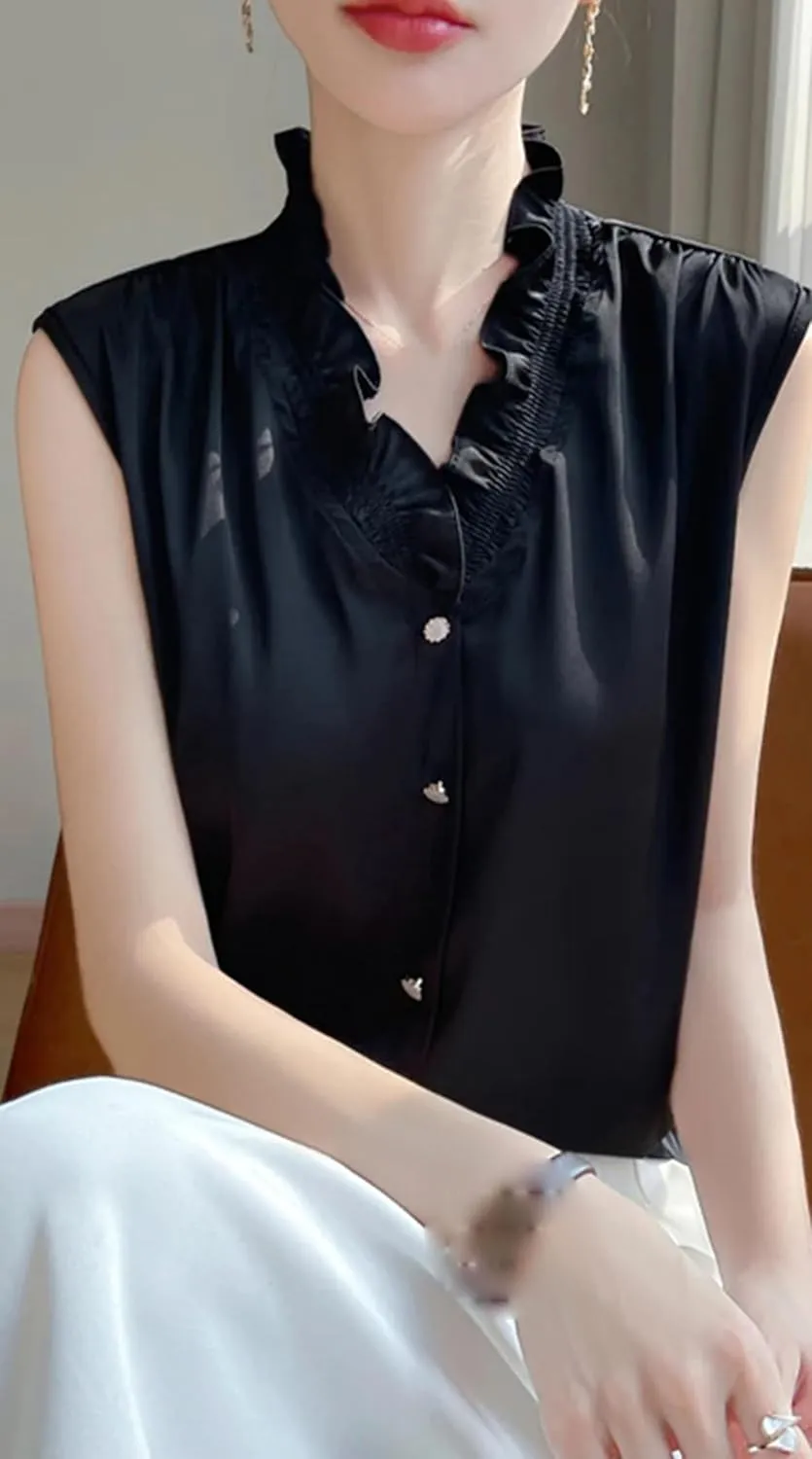 Women's Ruffle Trim Satin Tank Top & Camisole Summer V-Neck Sleeveless Vest Breathable Loose Fit Casual Work Office Blouse