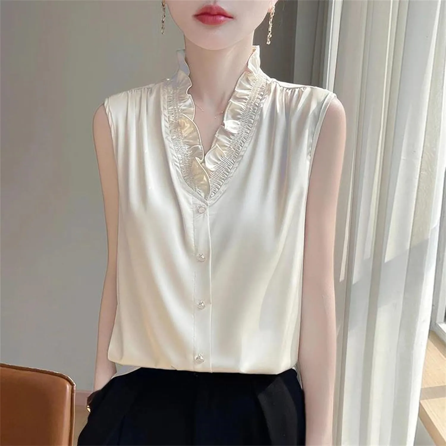 Women's Ruffle Trim Satin Tank Top & Camisole Summer V-Neck Sleeveless Vest Breathable Loose Fit Casual Work Office Blouse