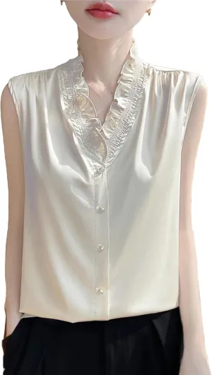 Women's Ruffle Trim Satin Tank Top & Camisole Summer V-Neck Sleeveless Vest Breathable Loose Fit Casual Work Office Blouse