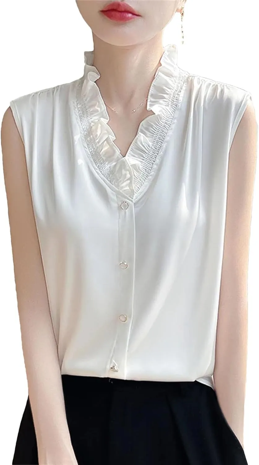 Women's Ruffle Trim Satin Tank Top & Camisole Summer V-Neck Sleeveless Vest Breathable Loose Fit Casual Work Office Blouse