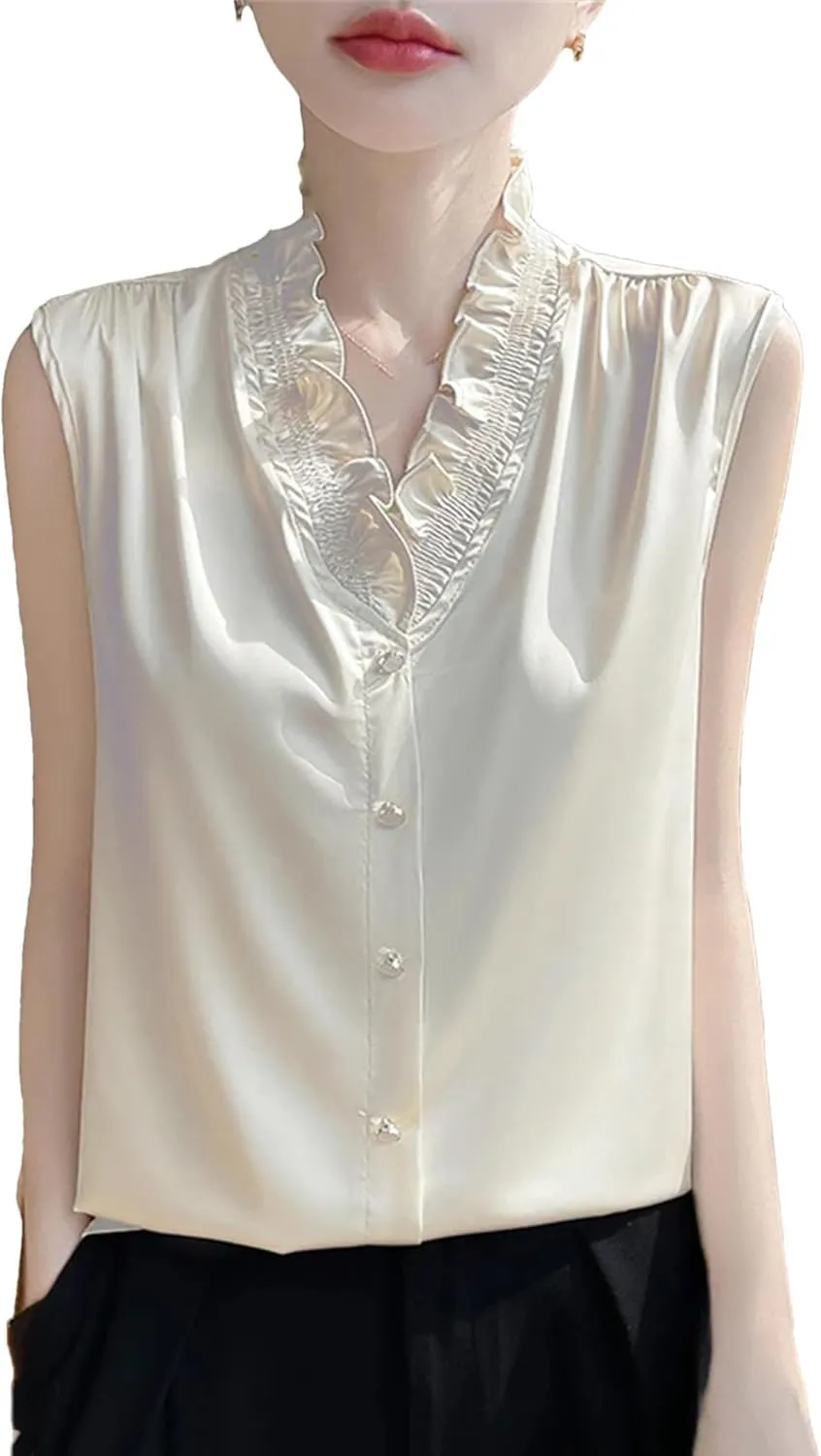 Women's Ruffle Trim Satin Tank Top & Camisole Summer V-Neck Sleeveless Vest Breathable Loose Fit Casual Work Office Blouse