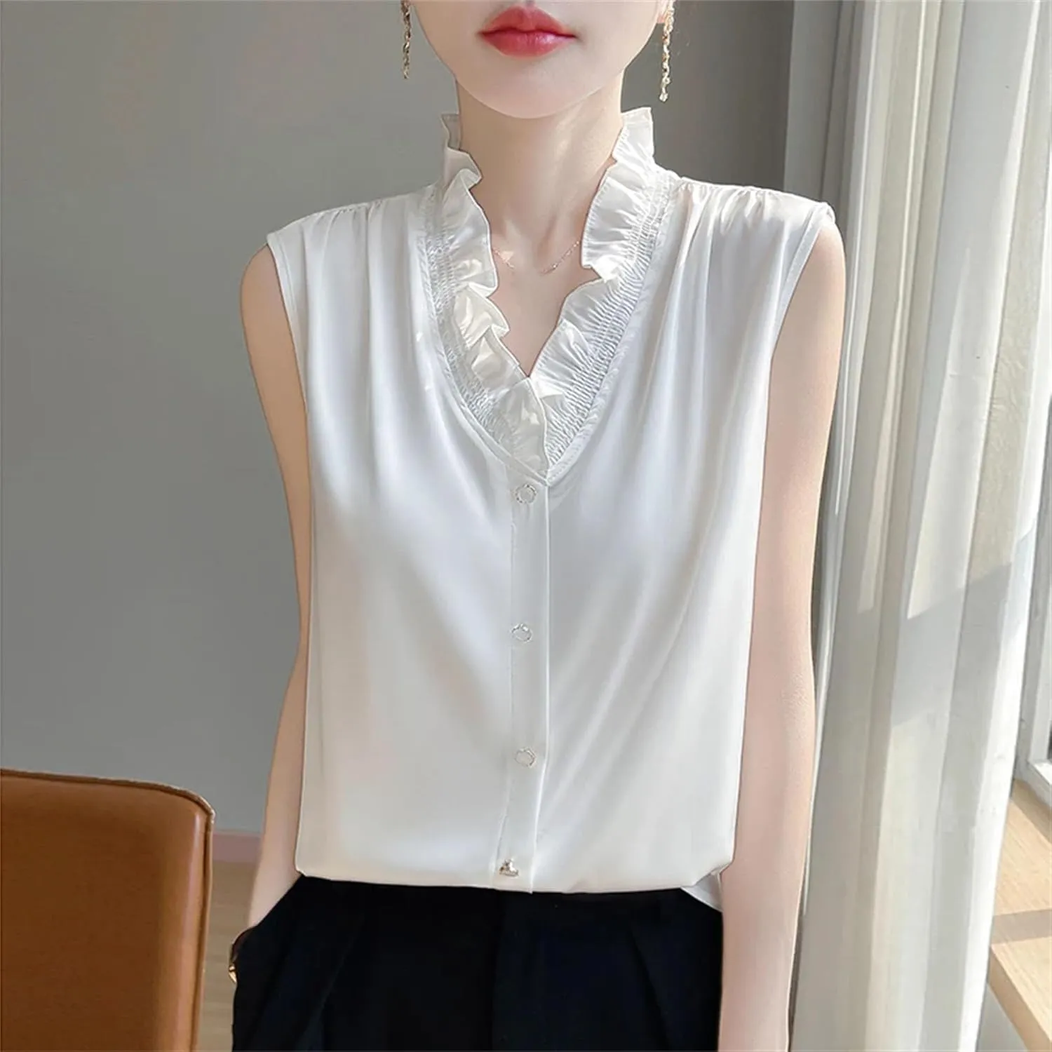 Women's Ruffle Trim Satin Tank Top & Camisole Summer V-Neck Sleeveless Vest Breathable Loose Fit Casual Work Office Blouse