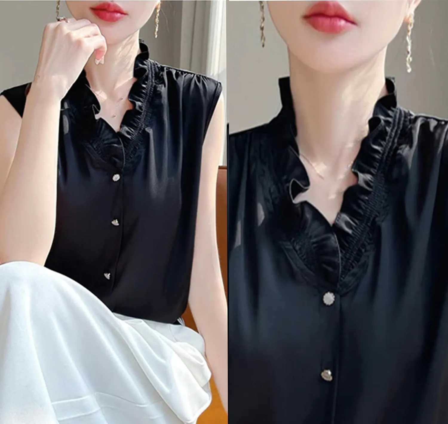 Women's Ruffle Trim Satin Tank Top & Camisole Summer V-Neck Sleeveless Vest Breathable Loose Fit Casual Work Office Blouse