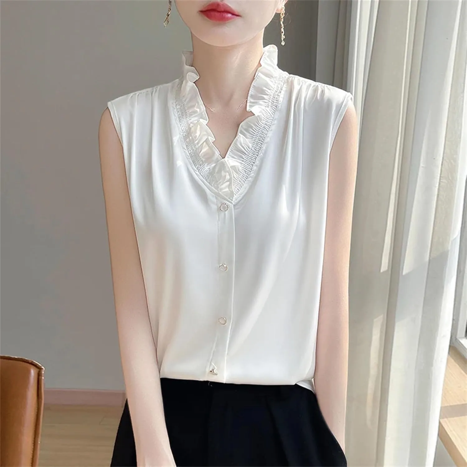 Women's Ruffle Trim Satin Tank Top & Camisole Summer V-Neck Sleeveless Vest Breathable Loose Fit Casual Work Office Blouse