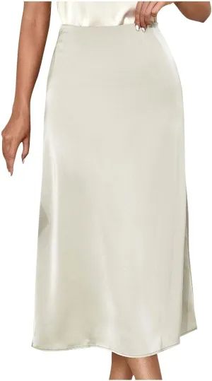 Women's Satin Casual Midi Skirt, Lightweight High Waisted Loose Clothes Elegant Comfy Business Office Skirts