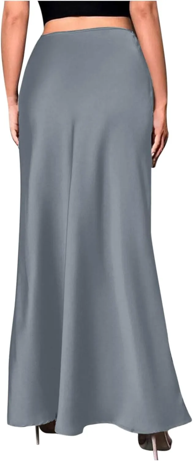Women's Satin High Waisted Maxi Skirts Elegant Solid Color A Line Long Skirt Soft Work Office Half Dress