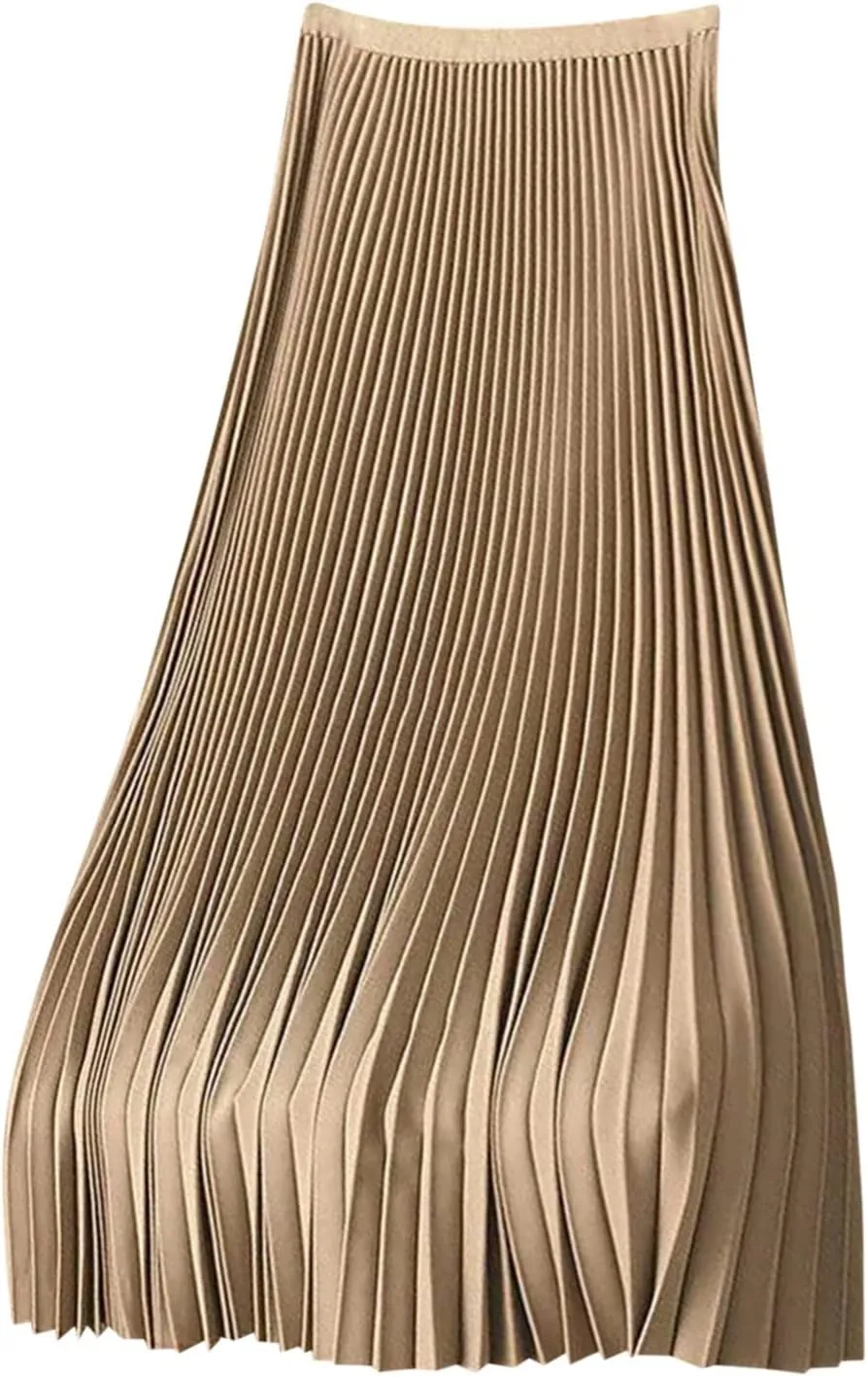 Women's Satin Pleated Skirt Elastic Waist Solid Color Maxi Skirts Plus Size Loose Elegant Long Skirt Casual Skirt