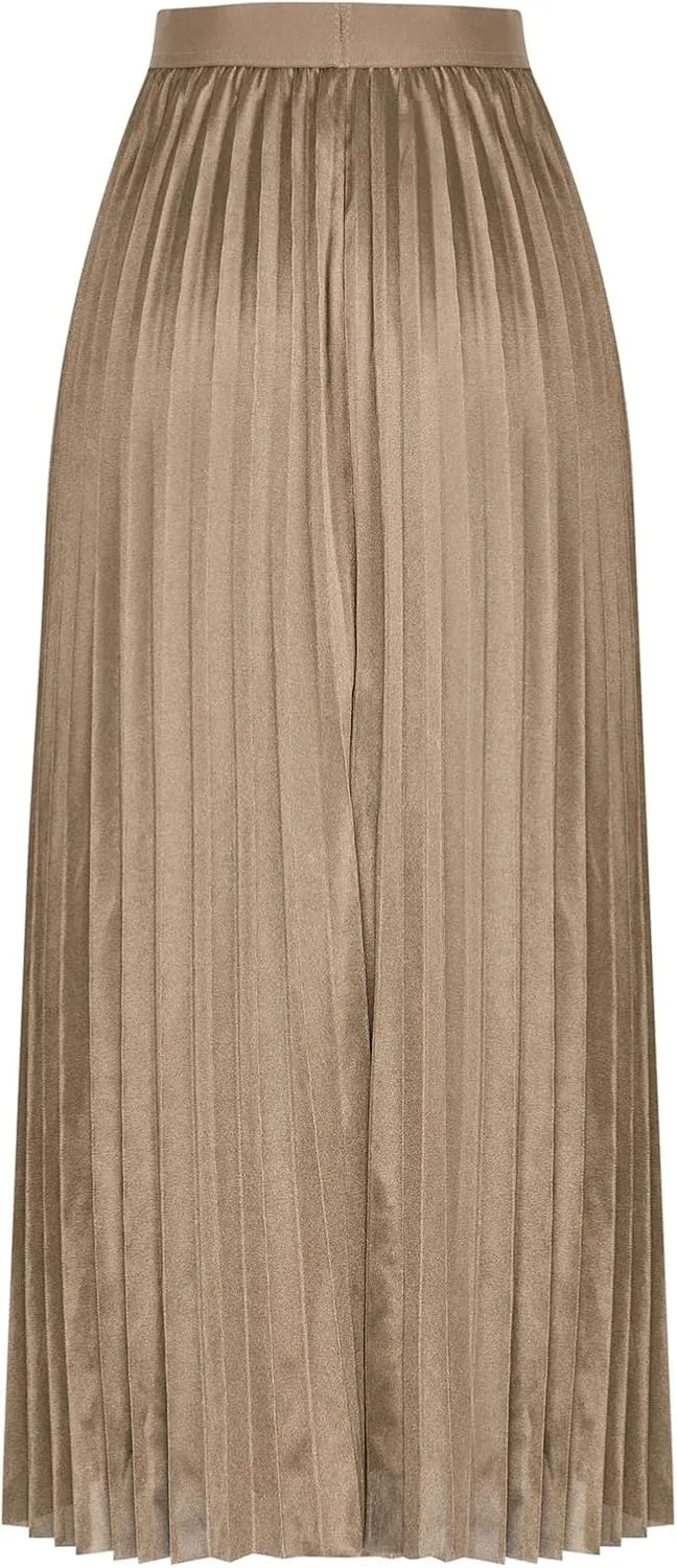 Women's Satin Pleated Skirt Elastic Waist Solid Color Maxi Skirts Plus Size Loose Elegant Long Skirt Casual Skirt