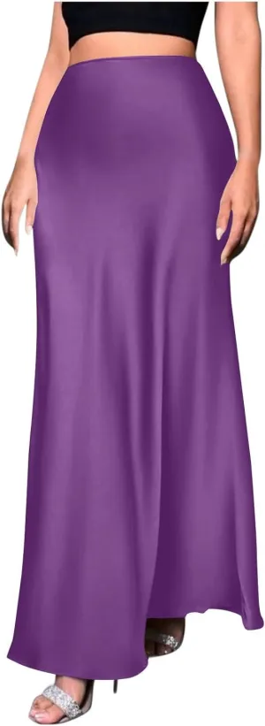 Womens Satin Silk Long Skirt 2025 Fashion Elegant Cocktail Party Flared Skirts Solid Color Casual High Waist Skirt