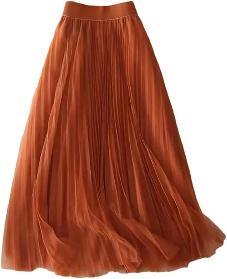 Women's Solid Pleated Mesh Skirt High Waisted Shirring Slim Casual Midi Skirts Yellow M