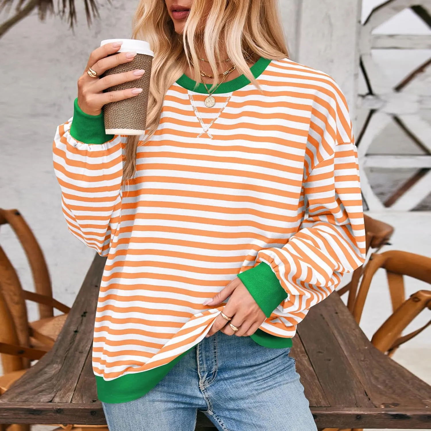 Women's Striped Oversized Sweatshirt Long Sleeve Crewneck Hoodies Shirts 2024 Y2k Casual Colorblock Pullover Top