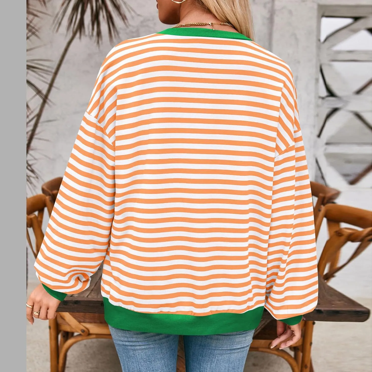 Women's Striped Oversized Sweatshirt Long Sleeve Crewneck Hoodies Shirts 2024 Y2k Casual Colorblock Pullover Top