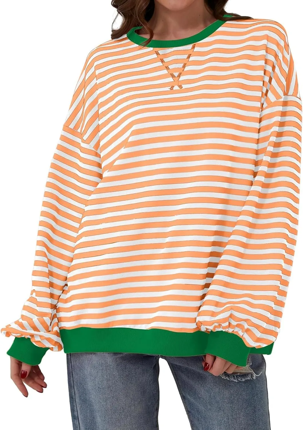 Women's Striped Oversized Sweatshirt Long Sleeve Crewneck Hoodies Shirts 2024 Y2k Casual Colorblock Pullover Top