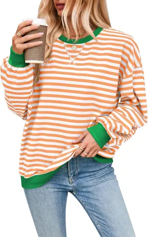 Women's Striped Oversized Sweatshirt Long Sleeve Crewneck Hoodies Shirts 2024 Y2k Casual Colorblock Pullover Top