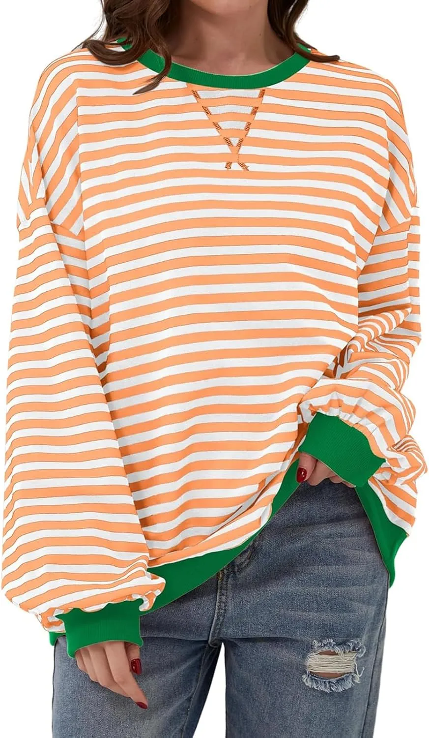 Women's Striped Oversized Sweatshirt Long Sleeve Crewneck Hoodies Shirts 2024 Y2k Casual Colorblock Pullover Top