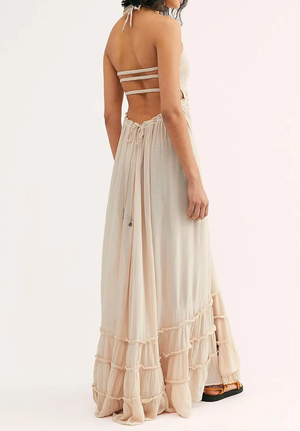 Womens Summer Boho Sexy Strappy Backless Halter Beach Long Dresses Straps Self Tie Tiered Flowy Casual Maxi Dress