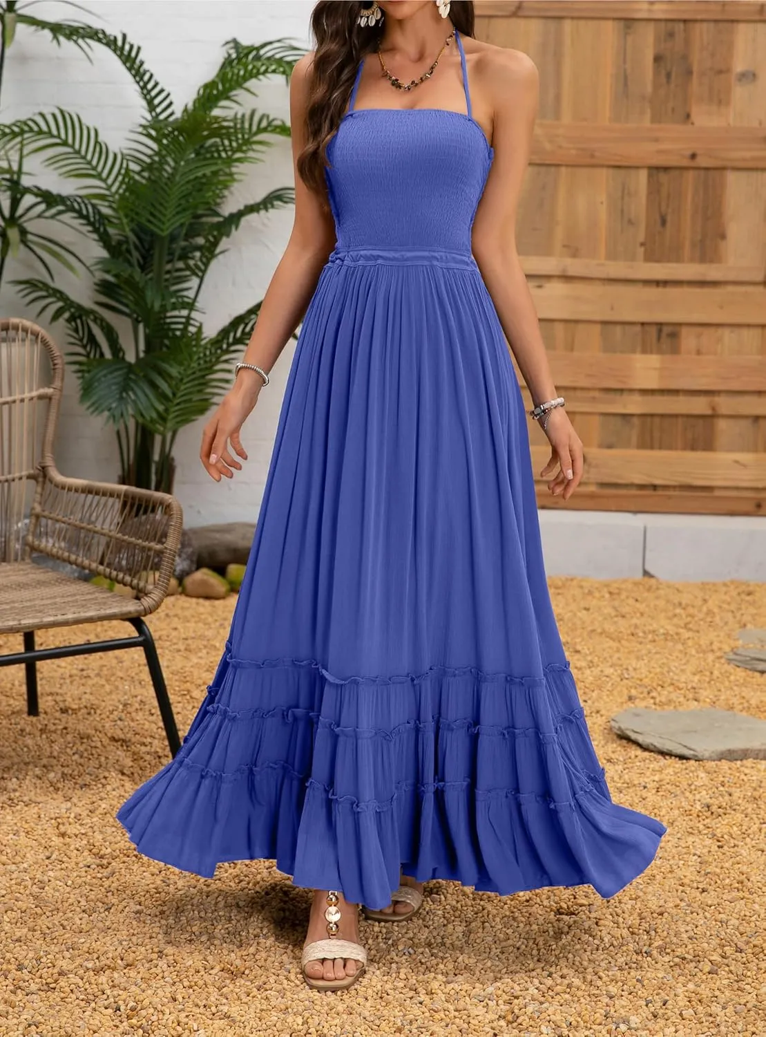 Womens Summer Boho Sexy Strappy Backless Halter Beach Long Dresses Straps Self Tie Tiered Flowy Casual Maxi Dress