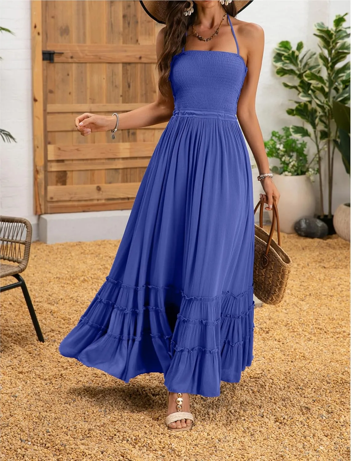 Womens Summer Boho Sexy Strappy Backless Halter Beach Long Dresses Straps Self Tie Tiered Flowy Casual Maxi Dress