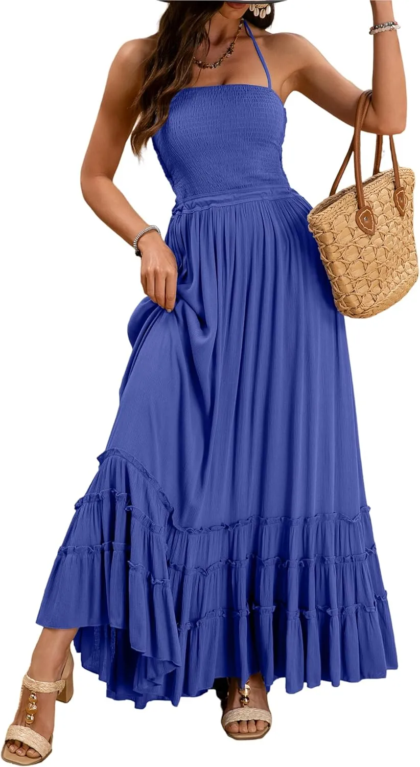Womens Summer Boho Sexy Strappy Backless Halter Beach Long Dresses Straps Self Tie Tiered Flowy Casual Maxi Dress