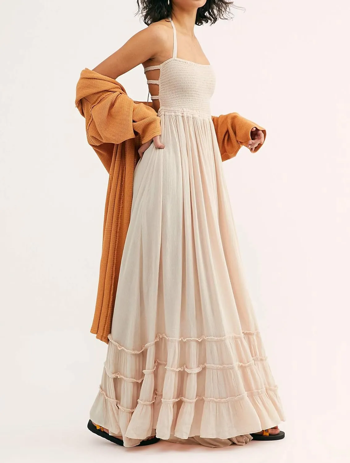 Womens Summer Boho Sexy Strappy Backless Halter Beach Long Dresses Straps Self Tie Tiered Flowy Casual Maxi Dress