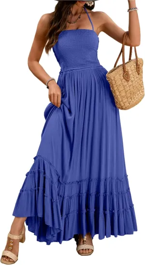 Womens Summer Boho Sexy Strappy Backless Halter Beach Long Dresses Straps Self Tie Tiered Flowy Casual Maxi Dress
