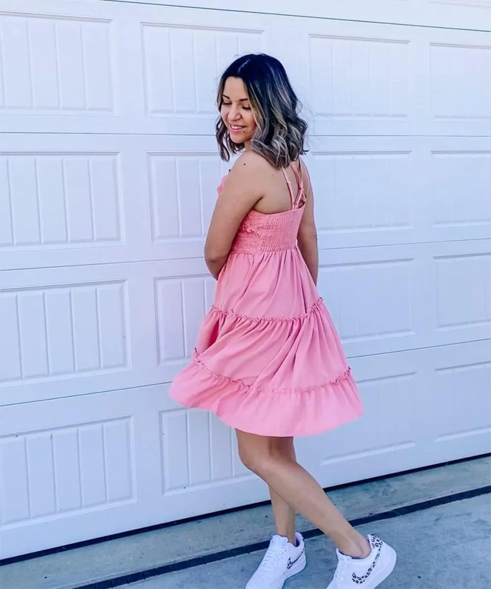 Women's Summer Dresses Casual V Neck Smocked Mini Dress Strappy Lace Dress Short Beach Dress Sundress