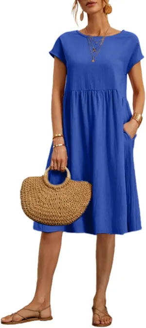 Women's Summer Dresses Midi Casual Cap Sleeve Crewneck A Line Swing Flowy Beach Sundress with Pockets